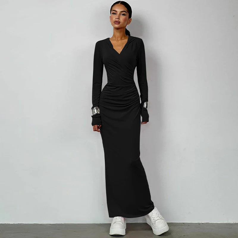 V Neck Solid Maxi Dress With Draped Silhouette Long Sleeve