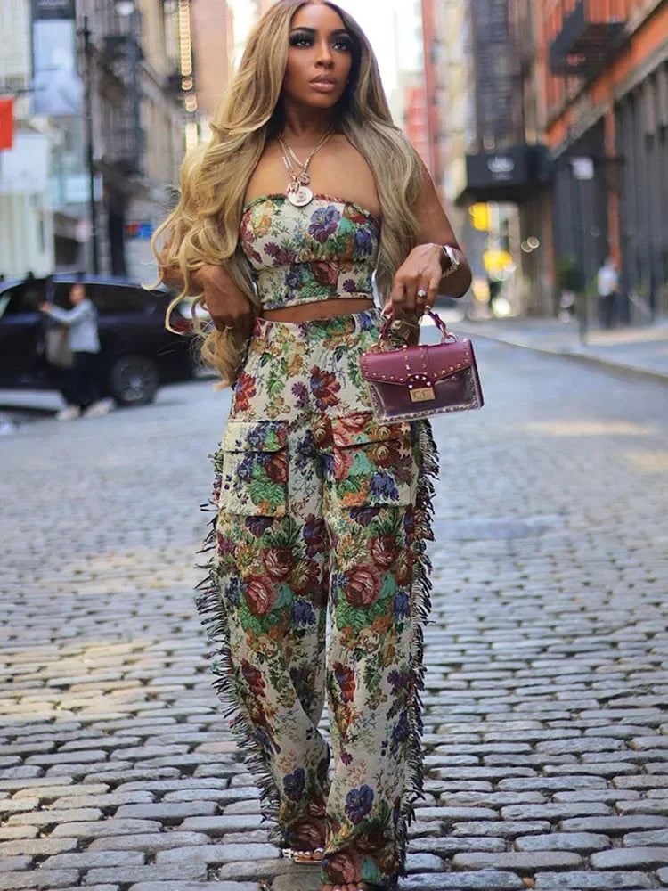 Floral Print Two Piece Set for Women with Strapless Crop Top and Side Tassel Wide Leg Pants for Y2K Birthday Parties