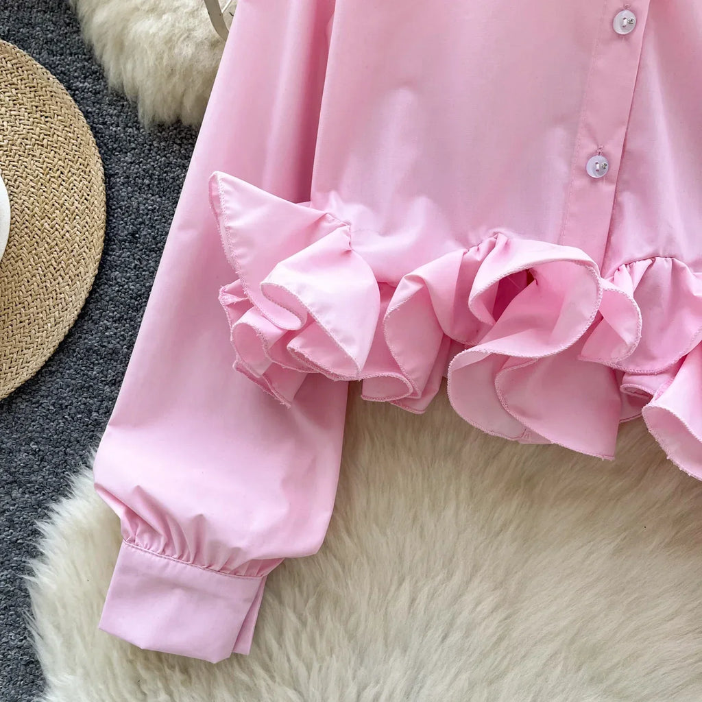 Women's 3D Floral Long Sleeve Blouse Single Breasted Turn-Down Collar Slim Fit Solid Color Shirt