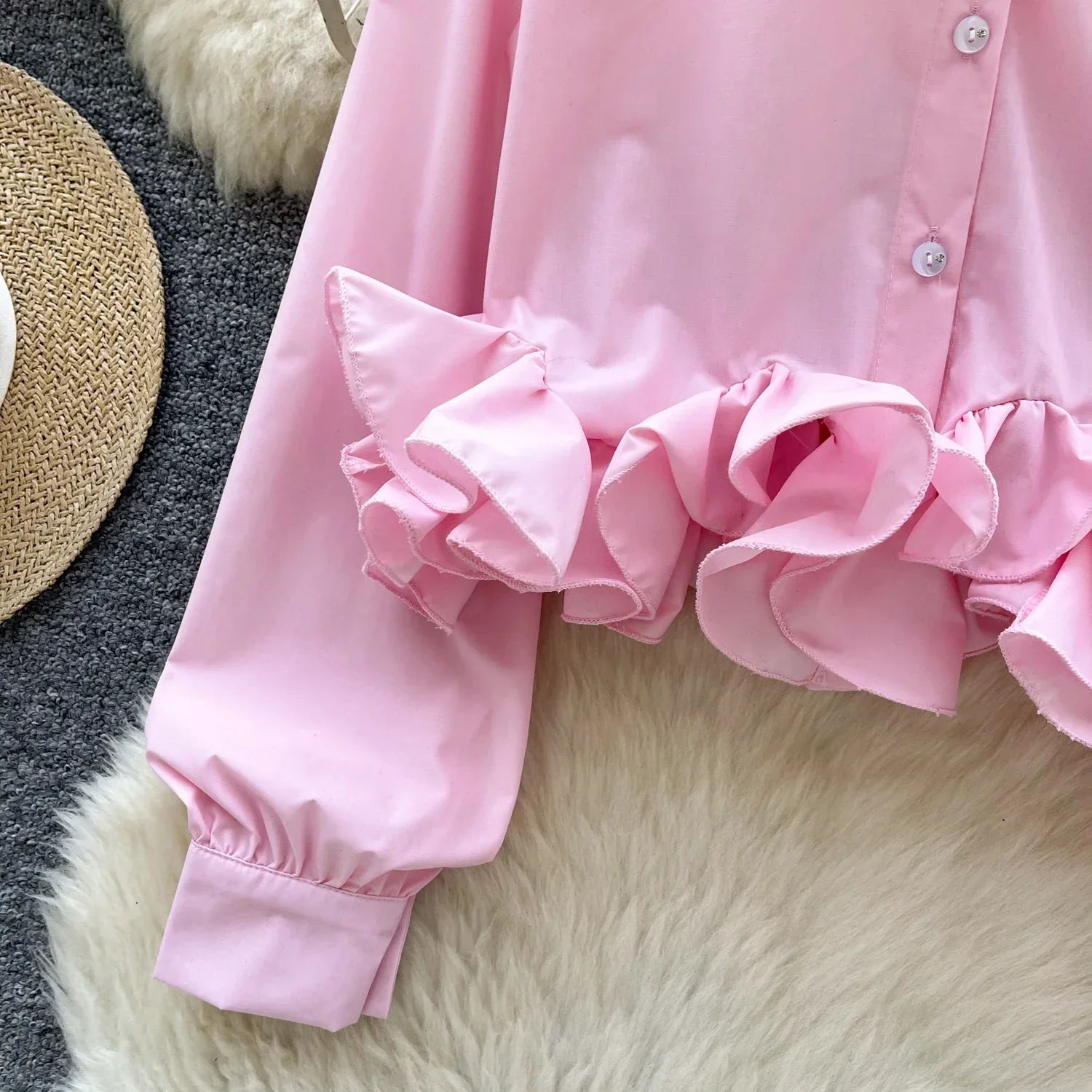 Women's 3D Floral Long Sleeve Blouse Single Breasted Turn-Down Collar Slim Fit Solid Color Shirt