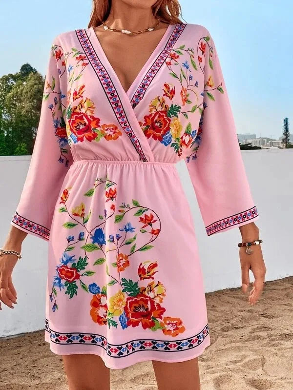 Bohemian Dress With V Neck And Tie Waist Beach Vacation