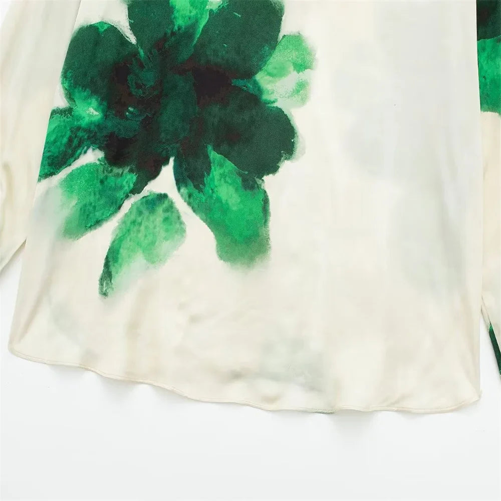 Autumn Women's Casual Loose Collar Long Sleeve Printed Shirt and High Waist Wide Leg Pants Set