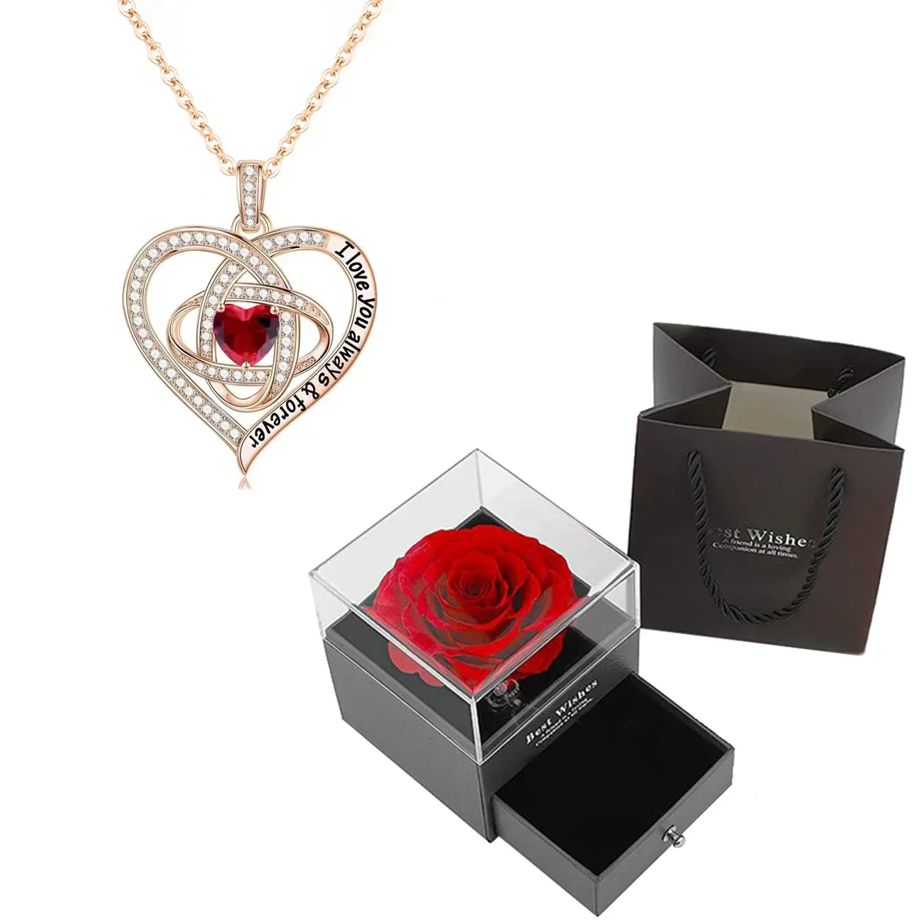 Luxury Red Zircon Pendant Necklace with Rose Flower Gift Box for Girlfriend Romantic Jewelry Gift