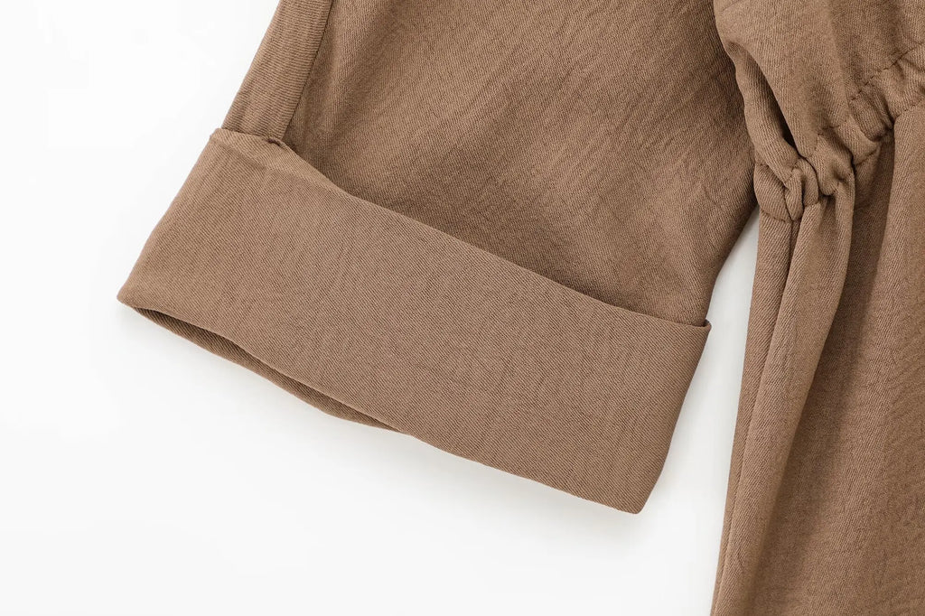 Fashion Women's Casual Pants Set with Solid Khaki Drawstring Waist Blouse and Elastic Waist Baggy Pants