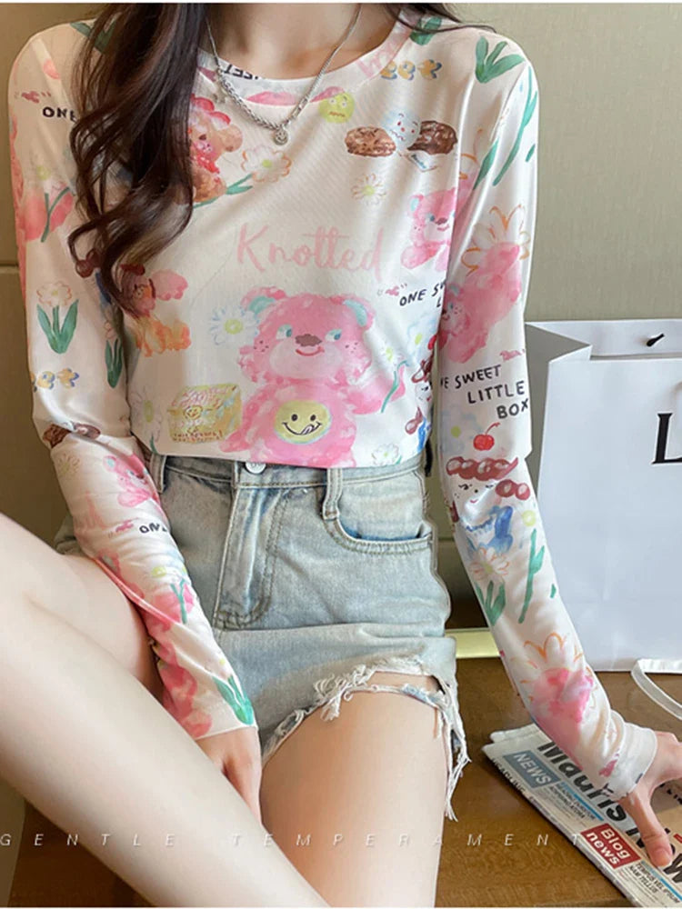 Women's Sexy See-Through Mesh Blouse Long Sleeve Transparent Elegant Printed Shirt Fashion Top