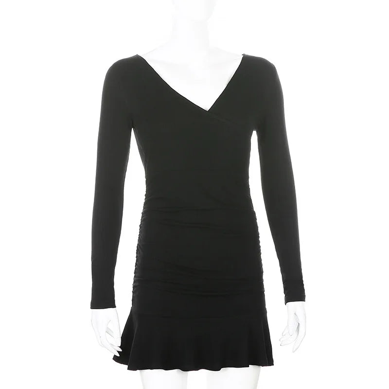 Womens V Neck Long Sleeve Slim Fit Dress With Ruffle Edge