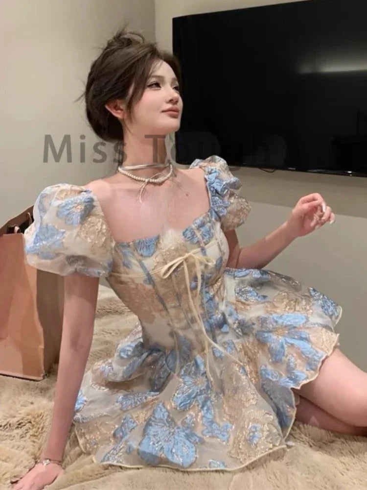 Square Neck Dress Women Boho Print Mini Dress Beach Style