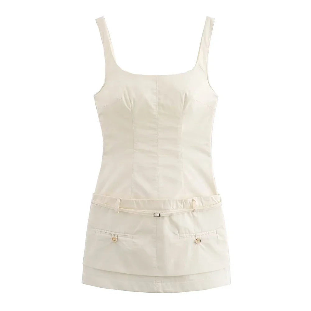 Square Neck Sleeveless Patchwork Dress With Belt For Party