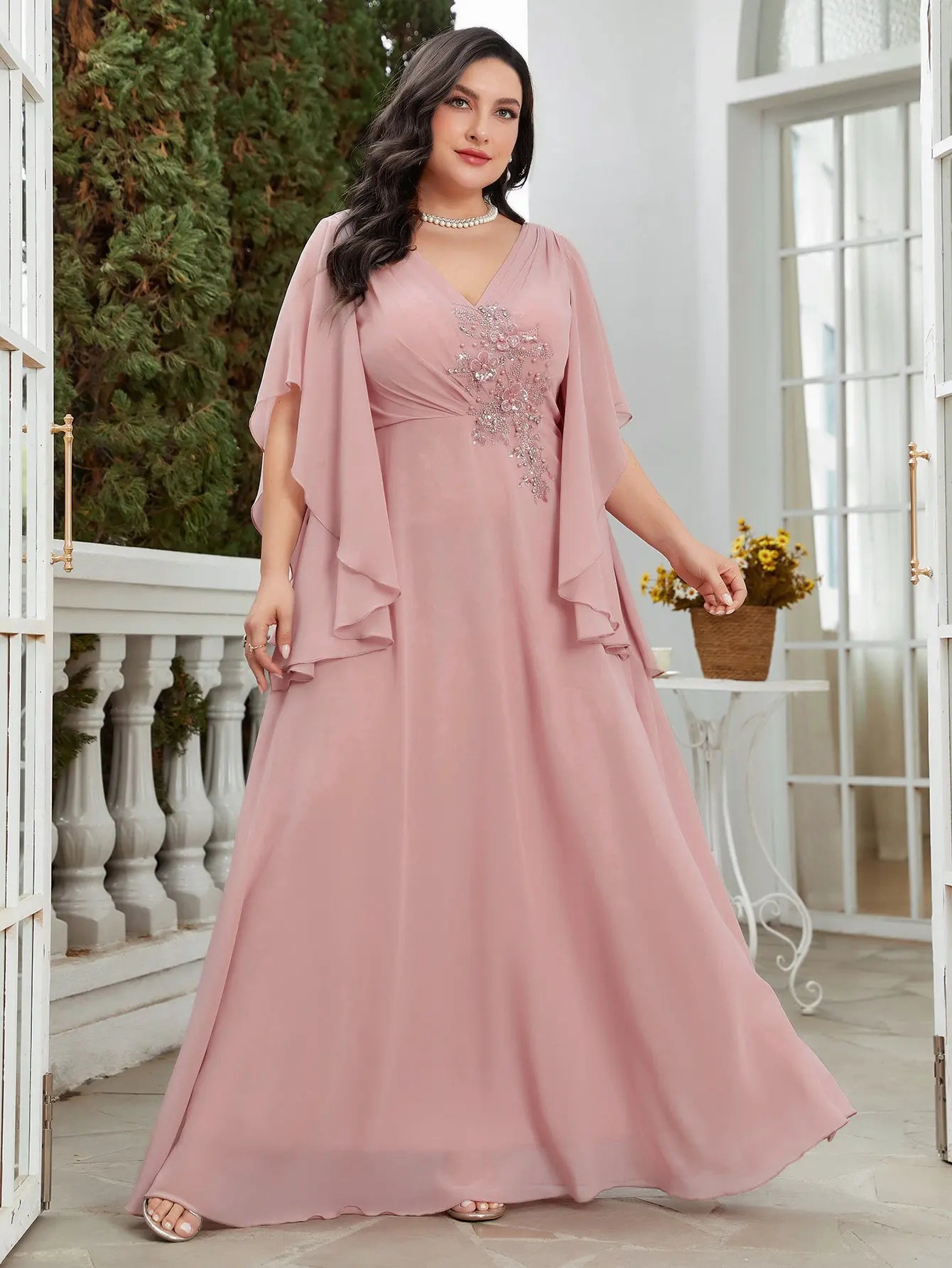 Dusty Pink Chiffon Bridesmaid Dress With Rhinestones