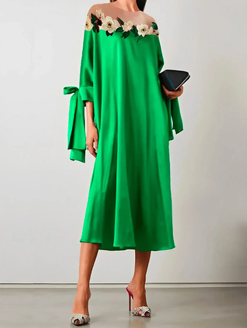 Floral Midi Satin Dress With Bow Front Off Shoulder