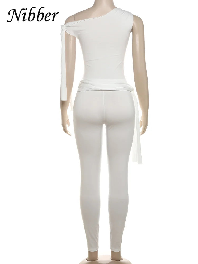 Elegant Two-Piece Women's Tracksuit Set with Skew Collar Ribbon Tank Top and Stretch Skinny Leggings Casual Matching Outfit