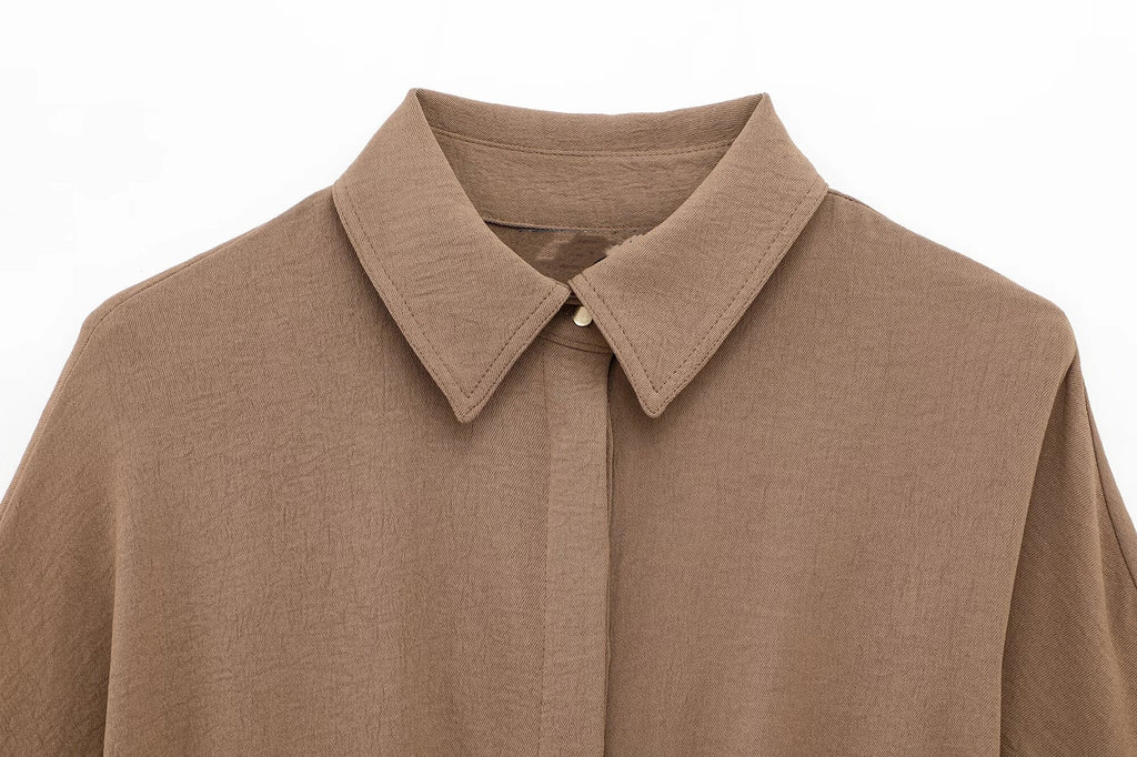 Women's Collared Roll-Up Sleeve Shirt and Drawstring Waist Wide Leg Pants Set