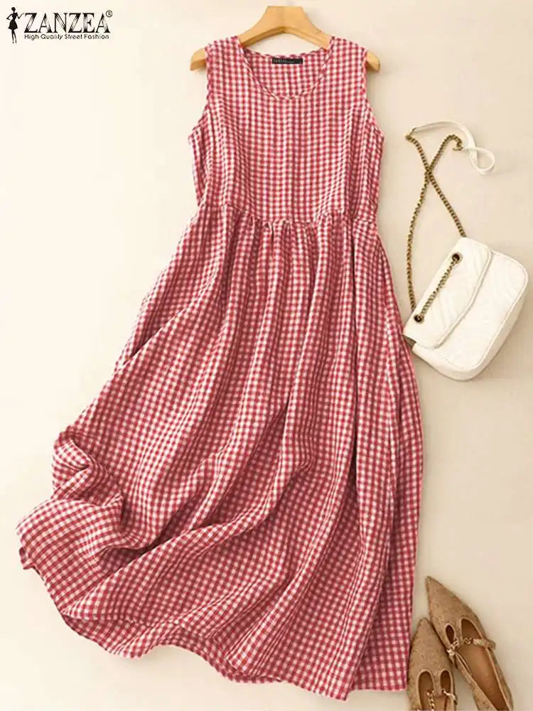 Gingham Midi Dress For Women Vintage Casual Aline Holiday