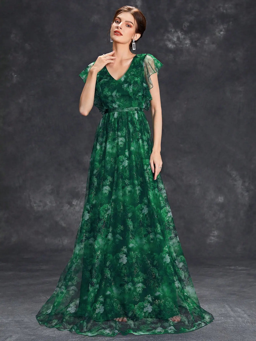 V Neck Lace Patchwork Evening Gown With Ruffled Sleeves