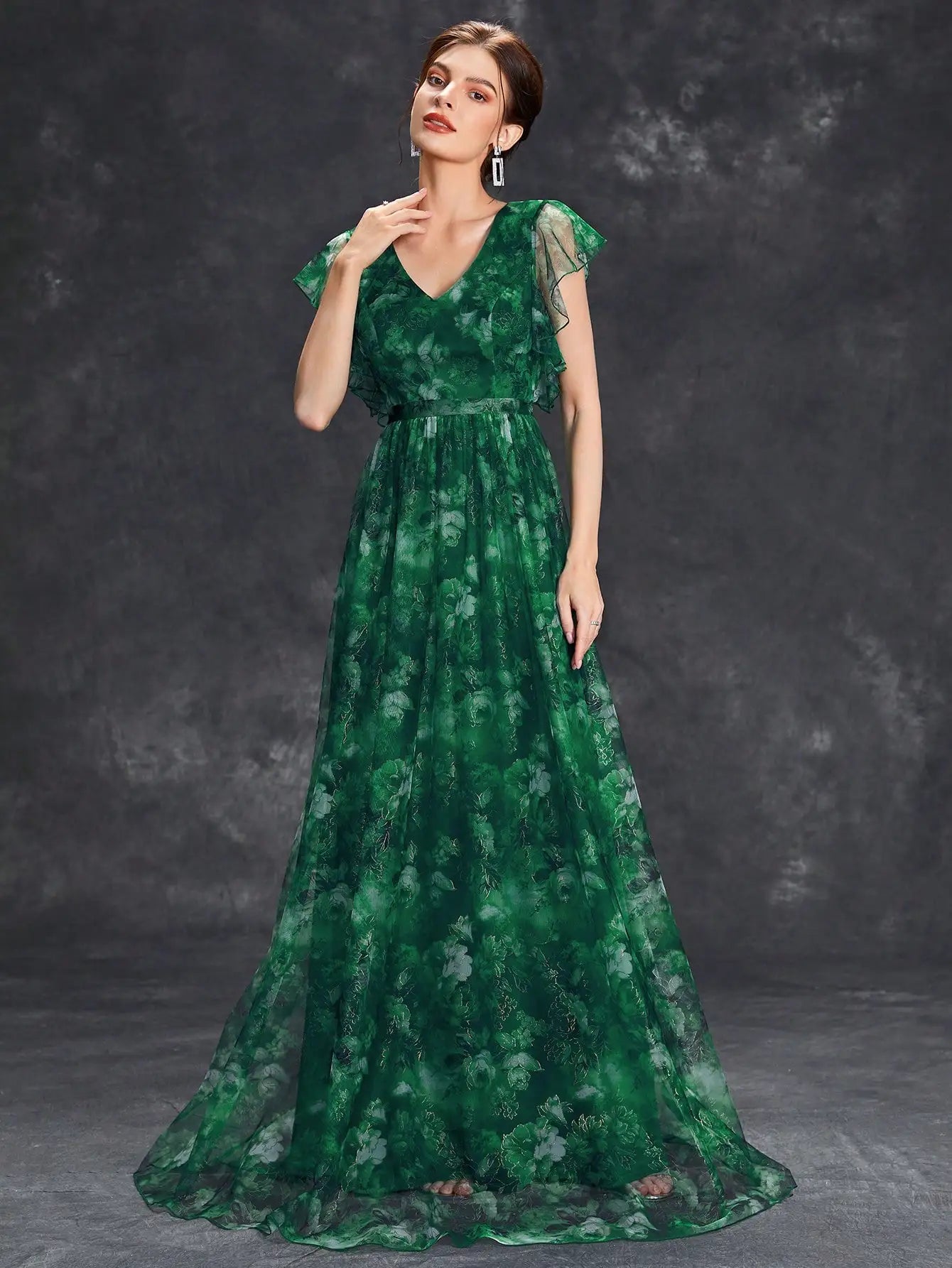 V Neck Lace Patchwork Evening Gown With Ruffled Sleeves