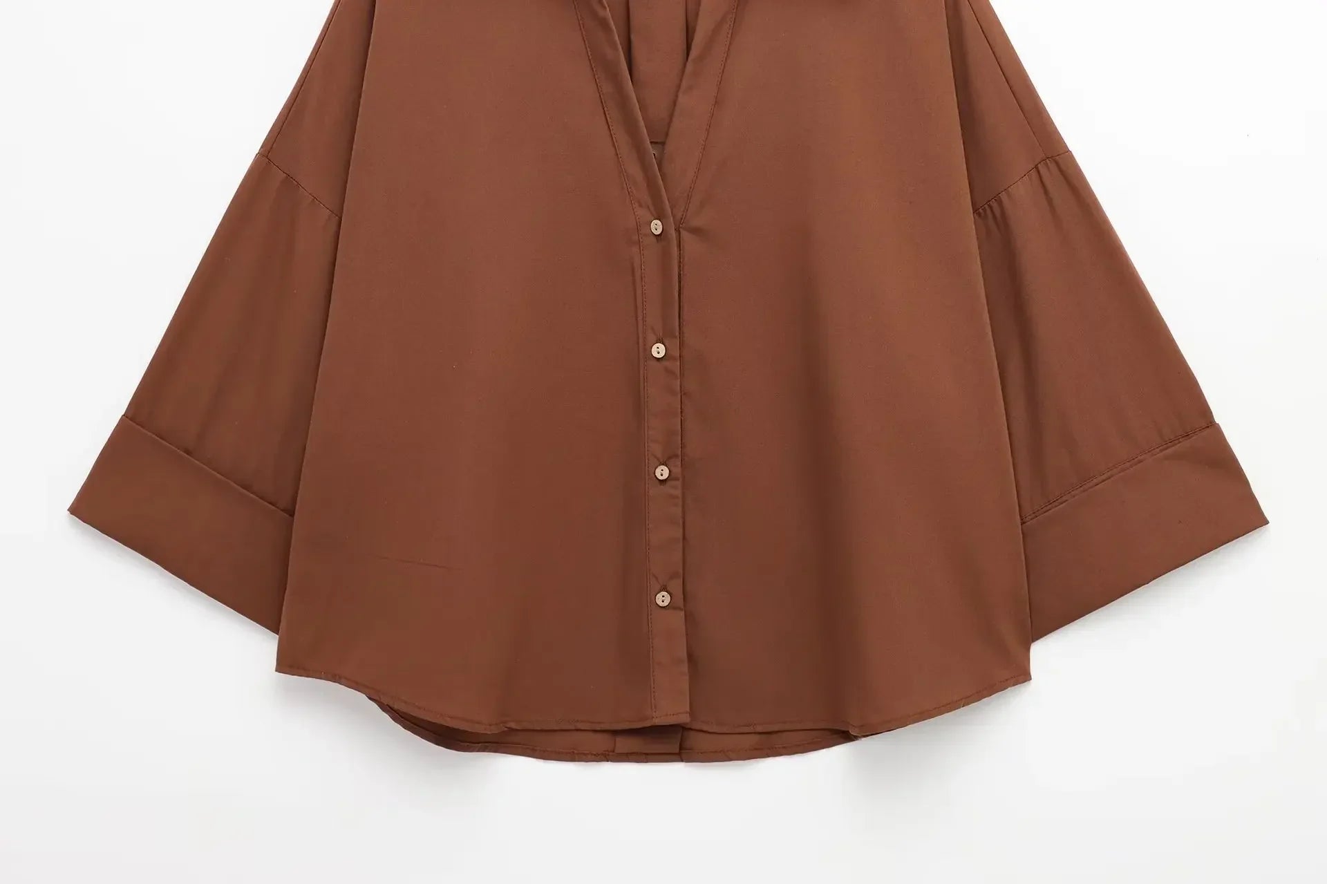 Women's Wide-Sleeved Poplin Shirt with Lapel Collar Long Sleeve Single-Breasted Loose Hem Casual Chic Top for Spring and Summer