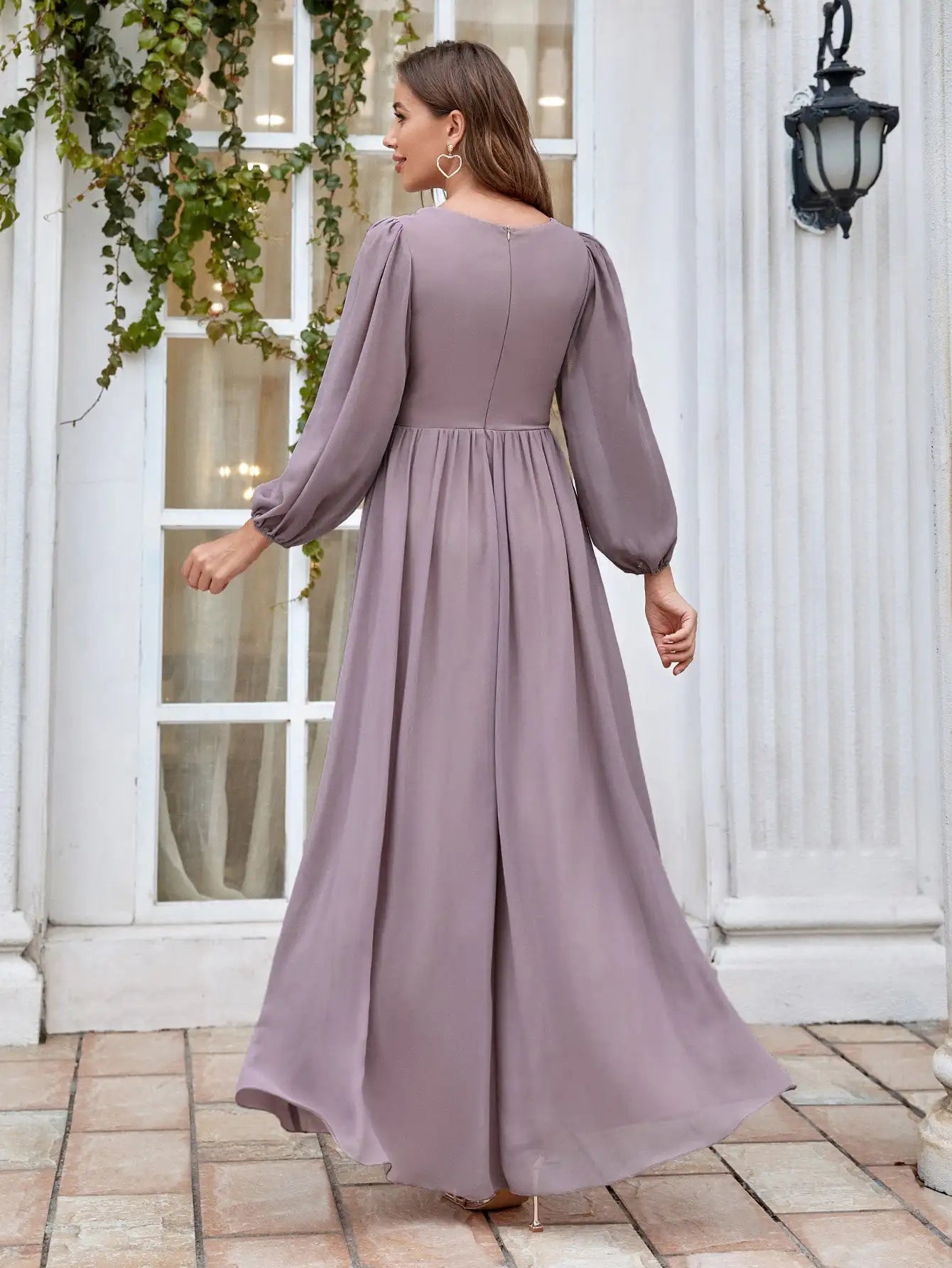 Beaded Print Chiffon V Neck Long Sleeve Evening Gown