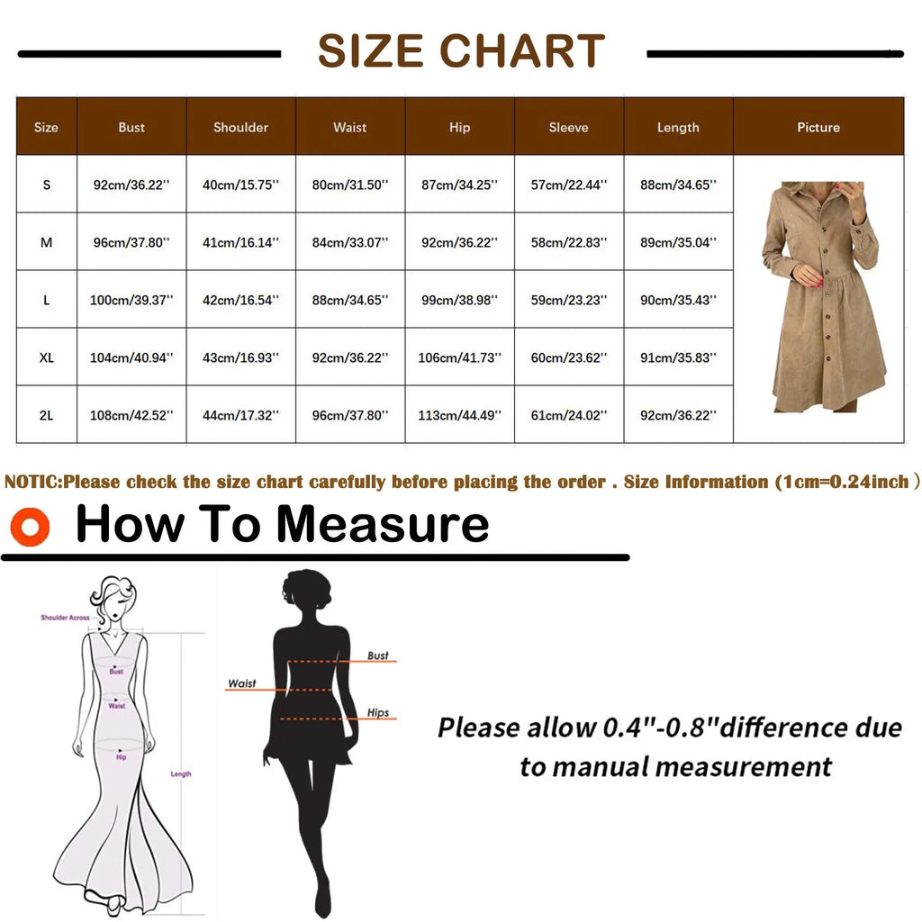 Corduroy Button Down Shirt Dress For Women Long Sleeves