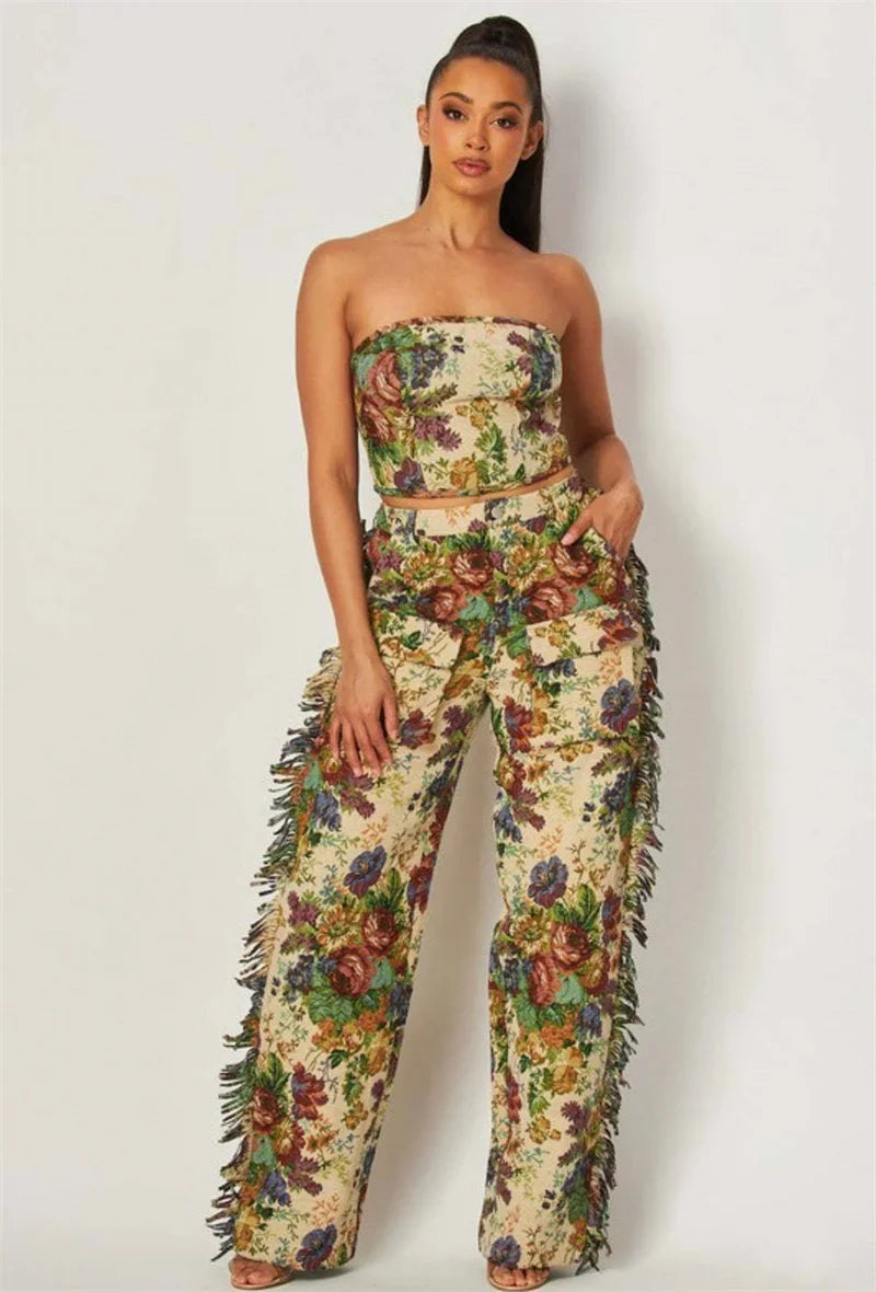 Floral Print Two Piece Set for Women with Strapless Crop Top and Side Tassel Wide Leg Pants for Y2K Birthday Parties