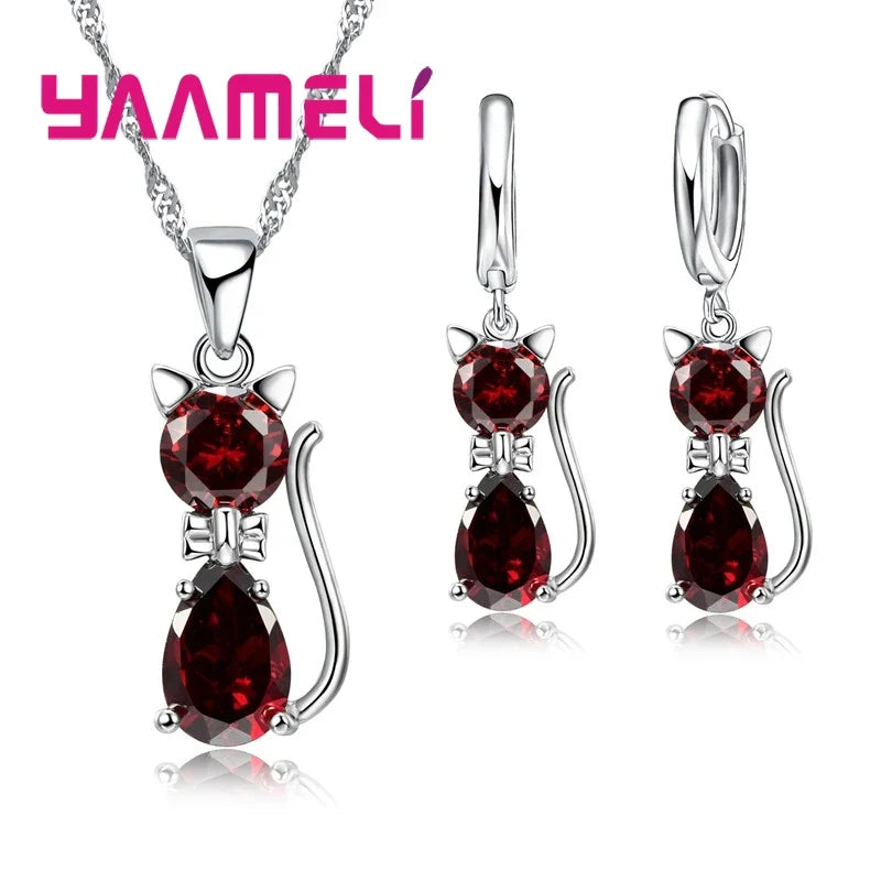 925 Sterling Silver Cat Pendant Necklace and Huggie Earring Jewelry Set with Shining Austrian Crystal for Women and Girls