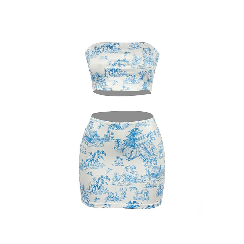 Women's Summer Two-Piece Set Sleeveless Strapless Retro Print Top and High Waist Slim Mini Skirt Streetwear Outfit