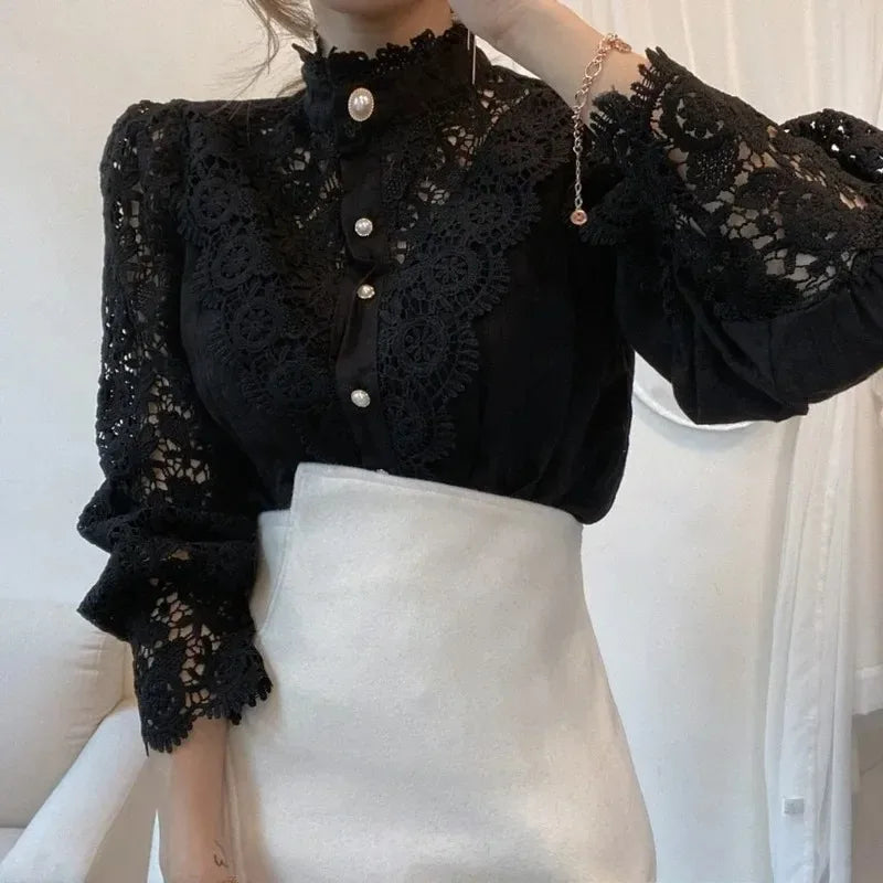 Women's Spring Summer Hollow Out Lace Blouse with Chic Button Detail Vintage Stand Collar Long Puff Sleeve Top