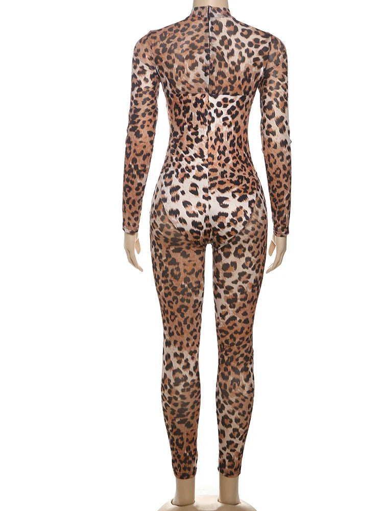 Sexy Leopard Print Mesh Jumpsuit for Women Full Sleeve Skinny Fit Round Neck One Piece Overalls