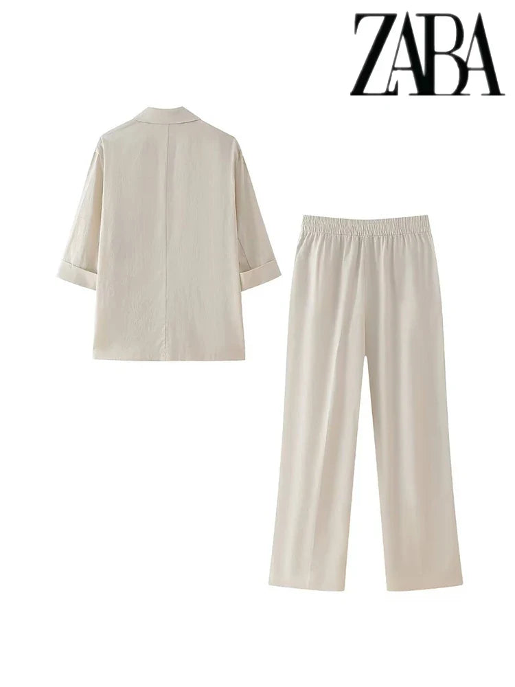 Women's Office Suit Set with Double Breasted Lapel Top and Wide Leg Pants in Solid Color