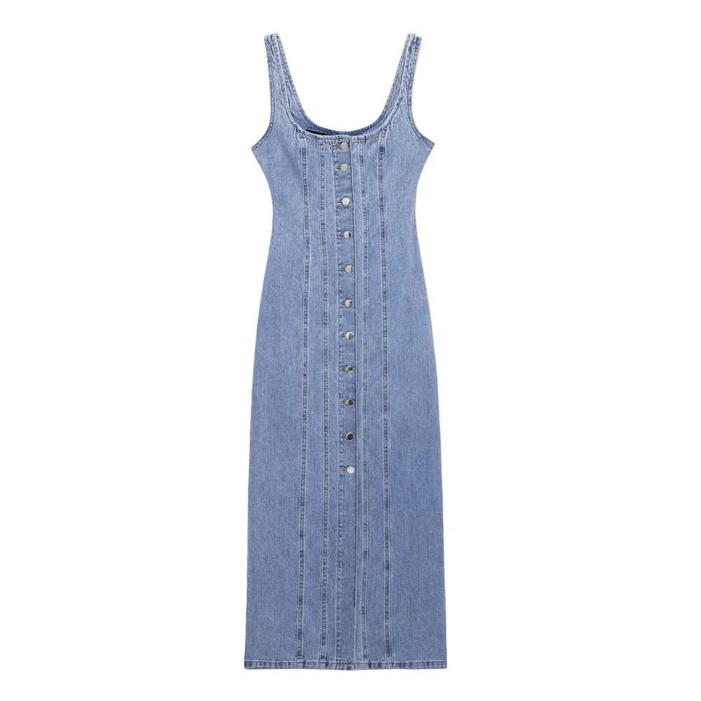 Belted Denim Midi Dress For Women With Cinched Waist