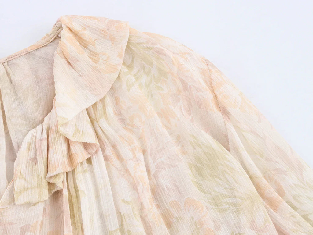 Loose Printed Blouse for Women with Pleated V-Neck Lantern Sleeves Single-Breasted Casual Pullover Shirt Chic Lightweight Spring Summer Top