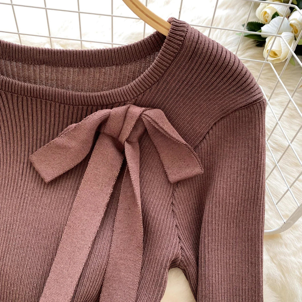 Knitted Short Dress With O Neck Bow Bodycon Chic Style