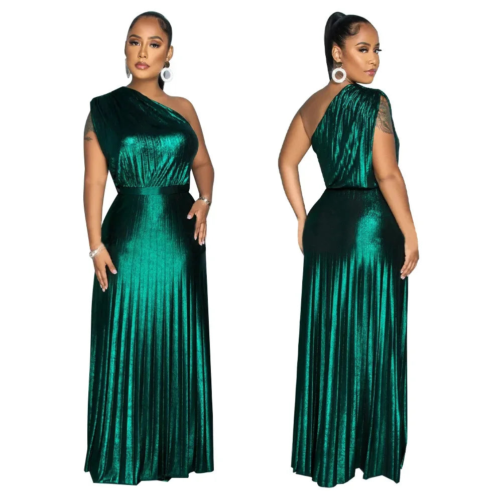 One Shoulder Metallic Pleated Maxi Dress Evening Gown