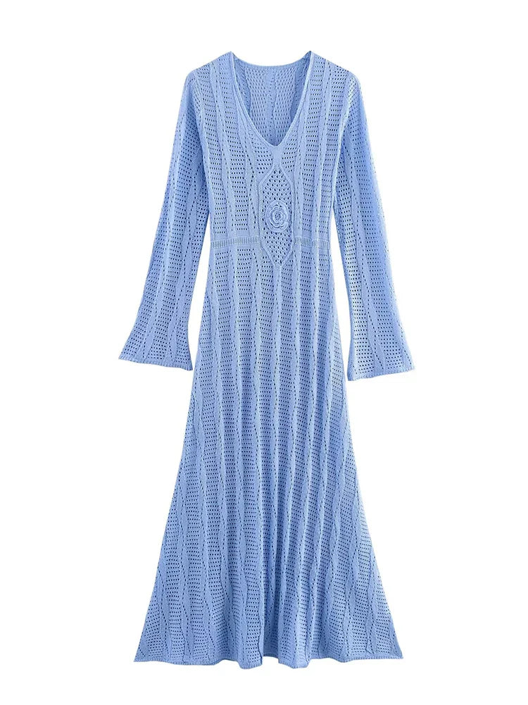 Blue Knit Beach Maxi Dress V Neck Long Sleeve Sheer