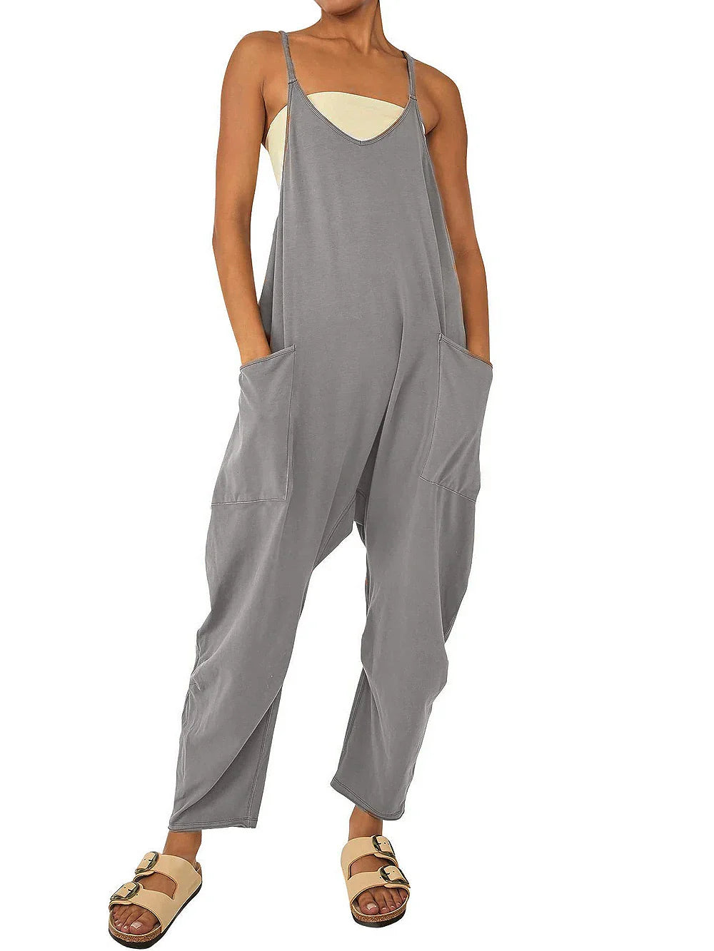 Loose Fit Women's Pure Color Patch Pocket Zipper Suspender Jumpsuit Casual Chic Overall