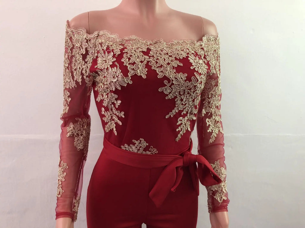 Appliques Lace Patchwork Off Shoulder Jumpsuit for Women with Slash Neck Long Sleeve and Elegant Wide Leg Pants Party Overalls