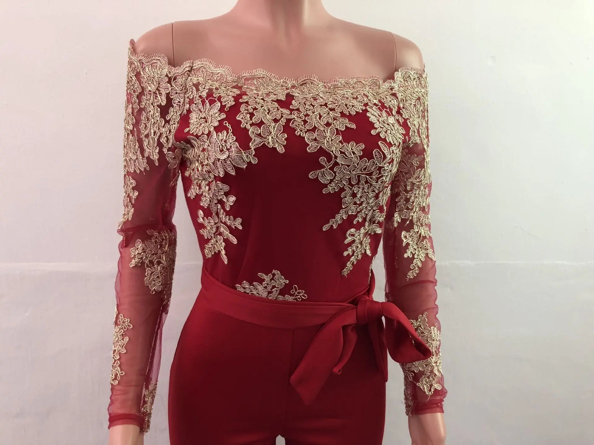 Appliques Lace Patchwork Off Shoulder Jumpsuit for Women with Slash Neck Long Sleeve and Elegant Wide Leg Pants Party Overalls