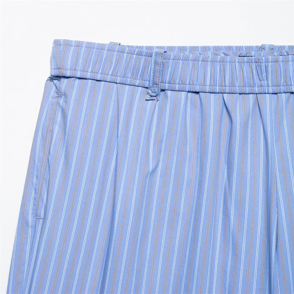 Womens Light Blue Pinstripe Suit Set with Sleeveless Asymmetric Vest and Wide Leg Pants for Stylish Office Attire