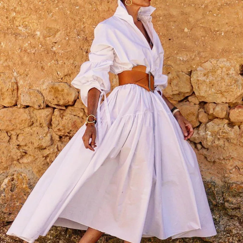 Women Casual Front Button Shirt Dress With Belt Longsleeve