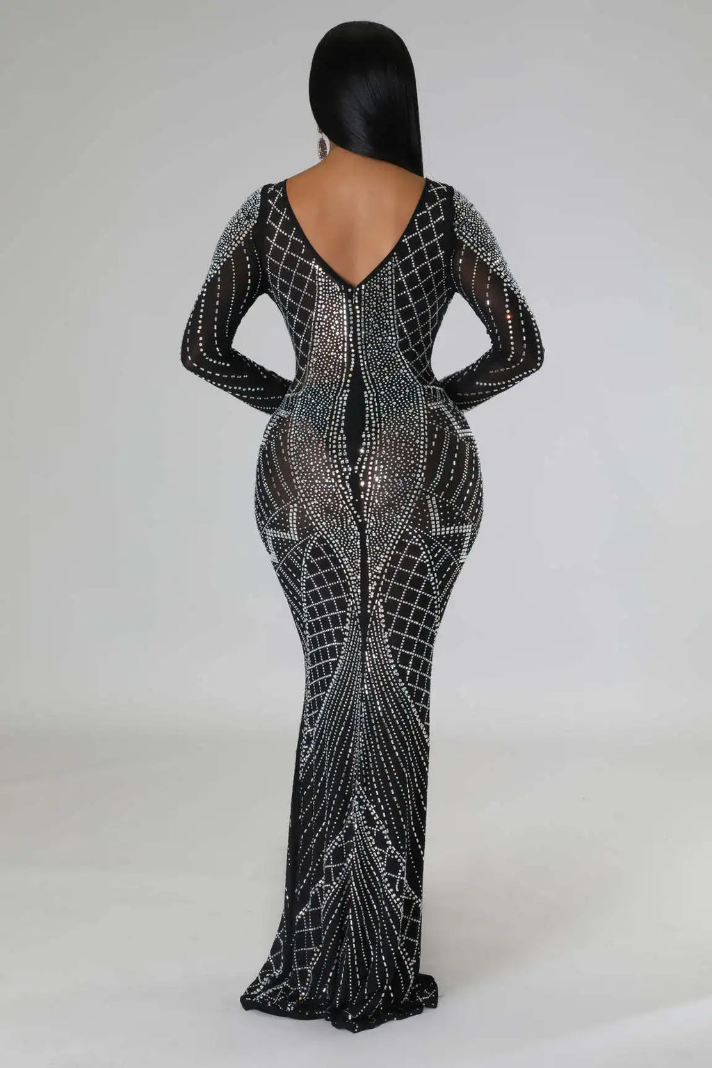 Sexy Mesh Diamond Embellished Maxi Dress for Evening Party