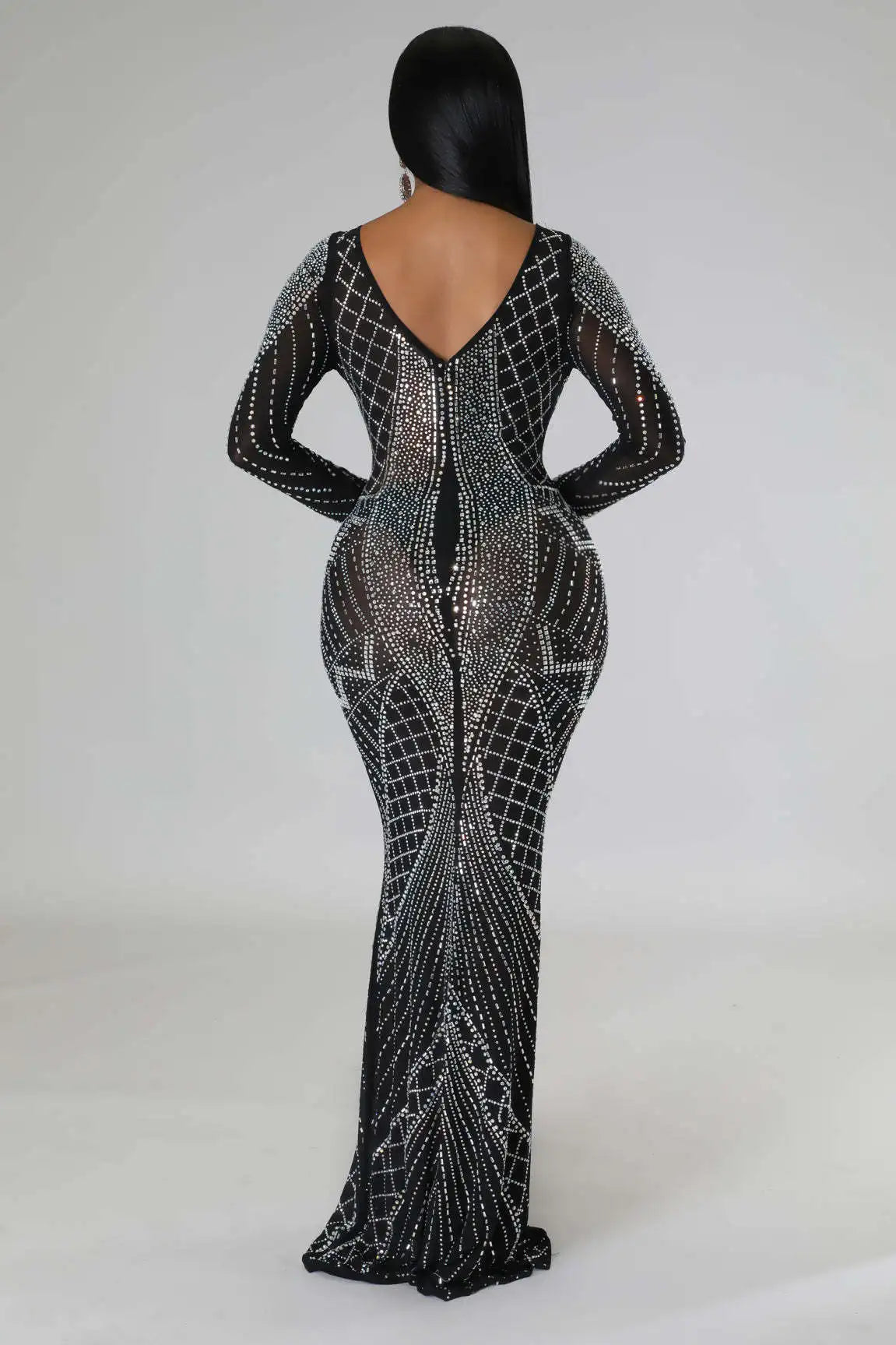 Sexy Mesh Diamond Embellished Maxi Dress for Evening Party