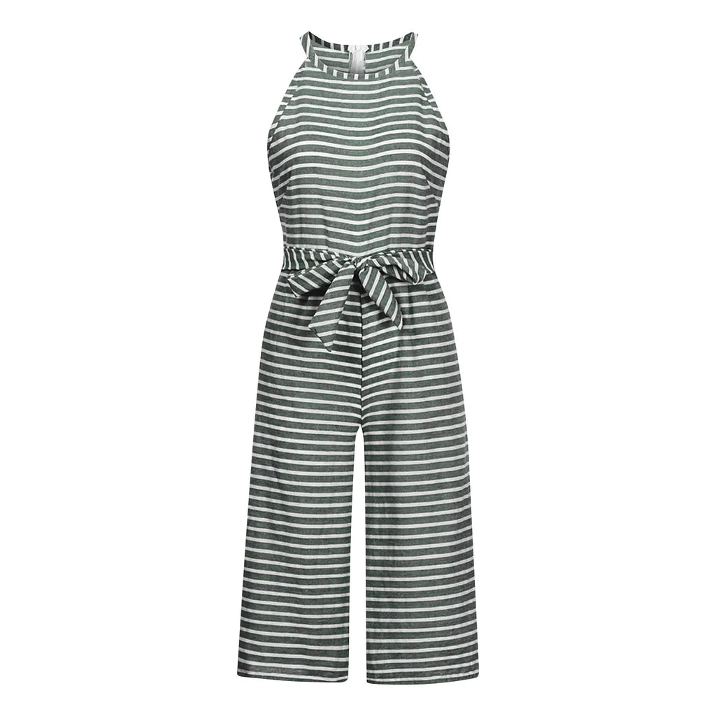 Elegant Sleeveless Striped Jumpsuit for Women Wide Leg Belted Romper Loose Fit Overalls Trousers