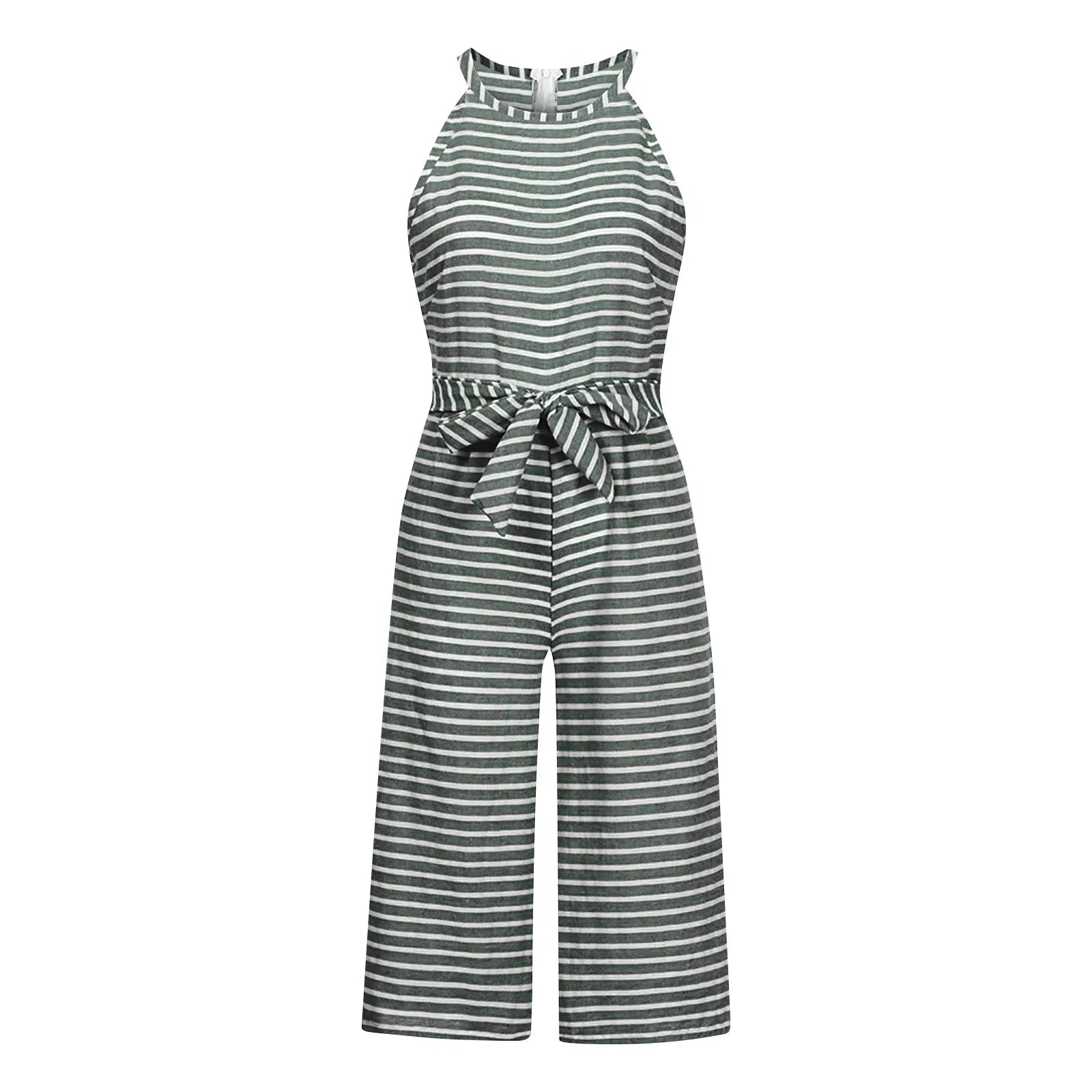 Elegant Sleeveless Striped Jumpsuit for Women Wide Leg Belted Romper Loose Fit Overalls Trousers
