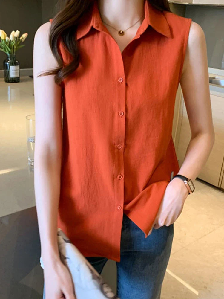 Sleeveless Turn-Down Collar Blouse for Women Elegant OL Style Workwear Shirt Lightweight Summer Top
