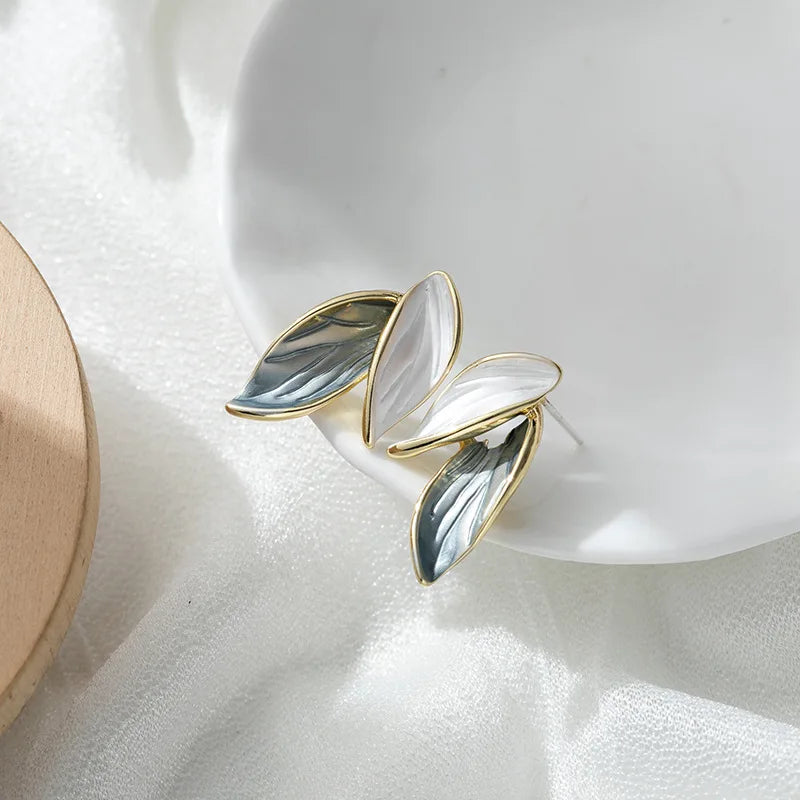 Sweet Leaf Stud Earrings for Women Fresh Blue and White Plant Ear Studs Elegant Jewelry Gift