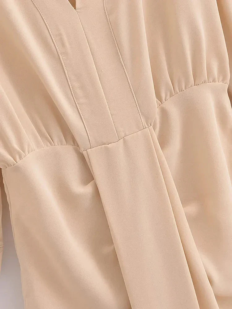 Women Elegant Solid Waist Draped V Neck Evening Dress