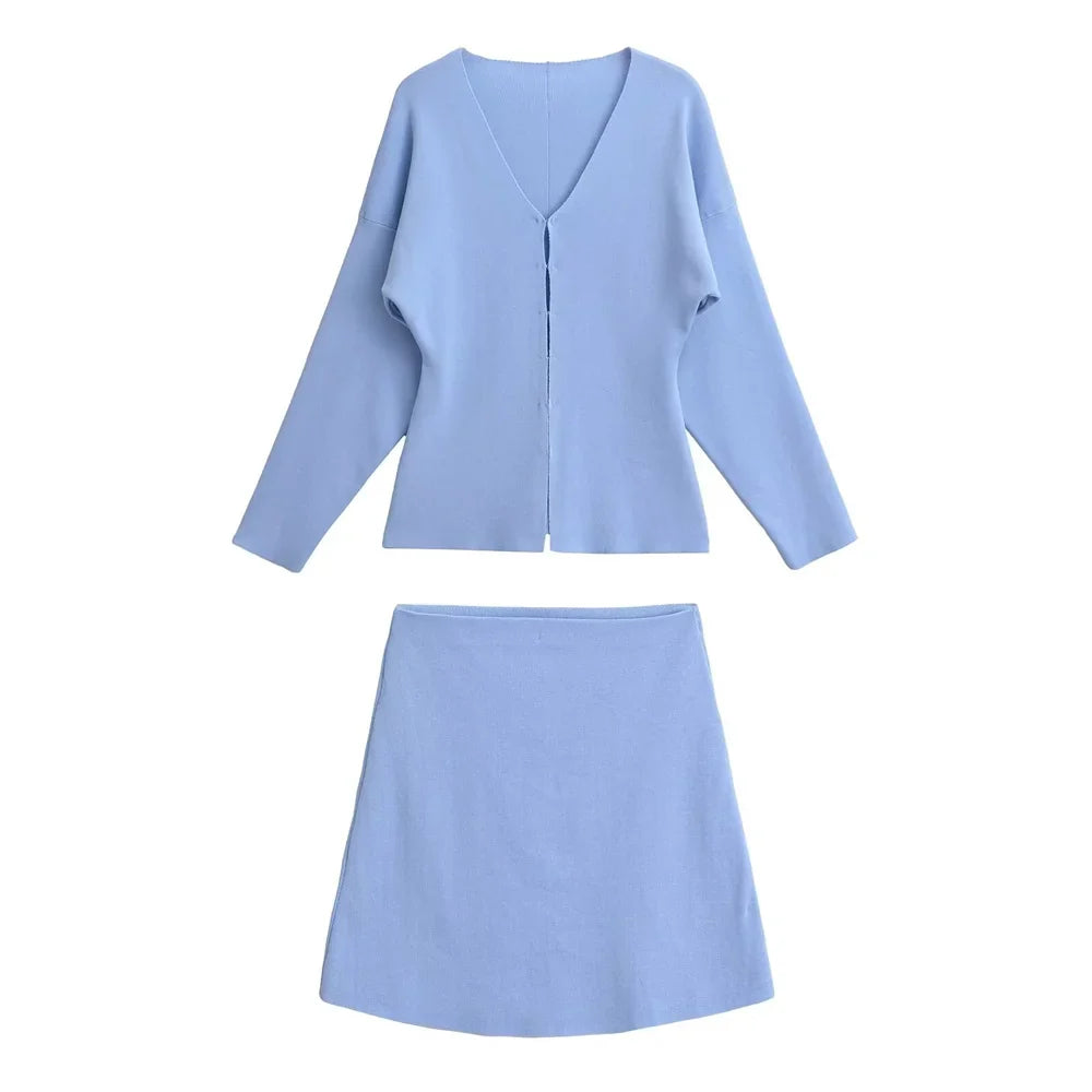 Women's Casual V-Neck Long Sleeve Knitted Cardigan and Short Skirt Set Slim Fit Stylish Two-Piece Outfit