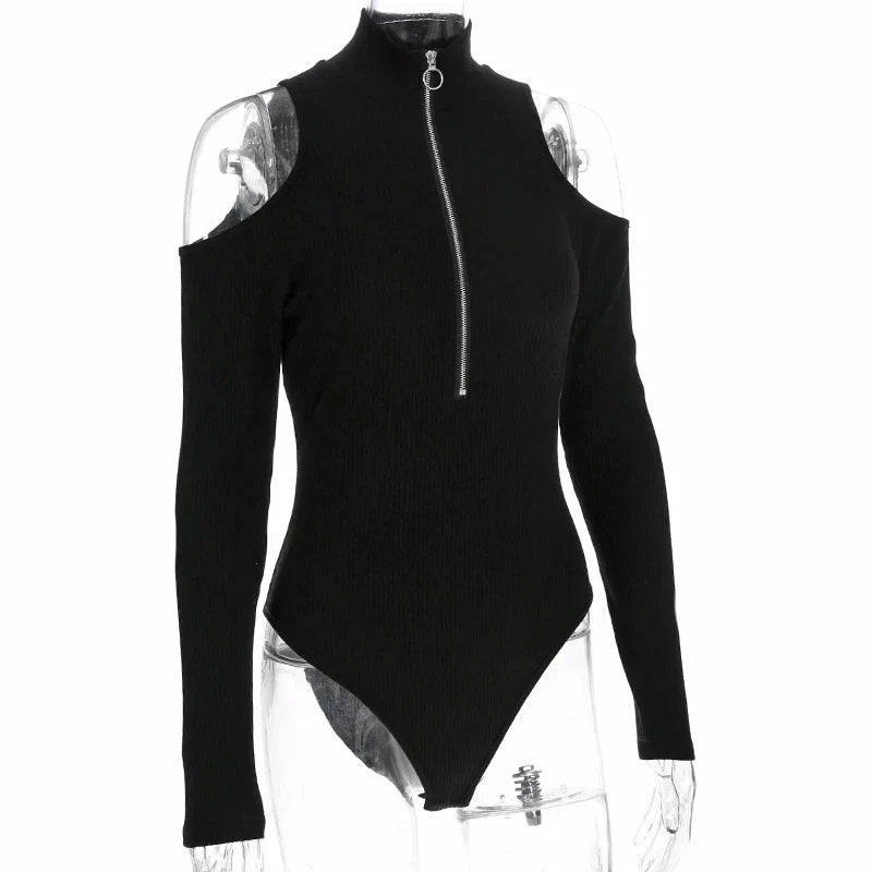 Black Ribbed Zipper Bodysuit for Women Long Sleeve Bodycon Tops Off Shoulder Slim Fit Autumn Winter Fashion