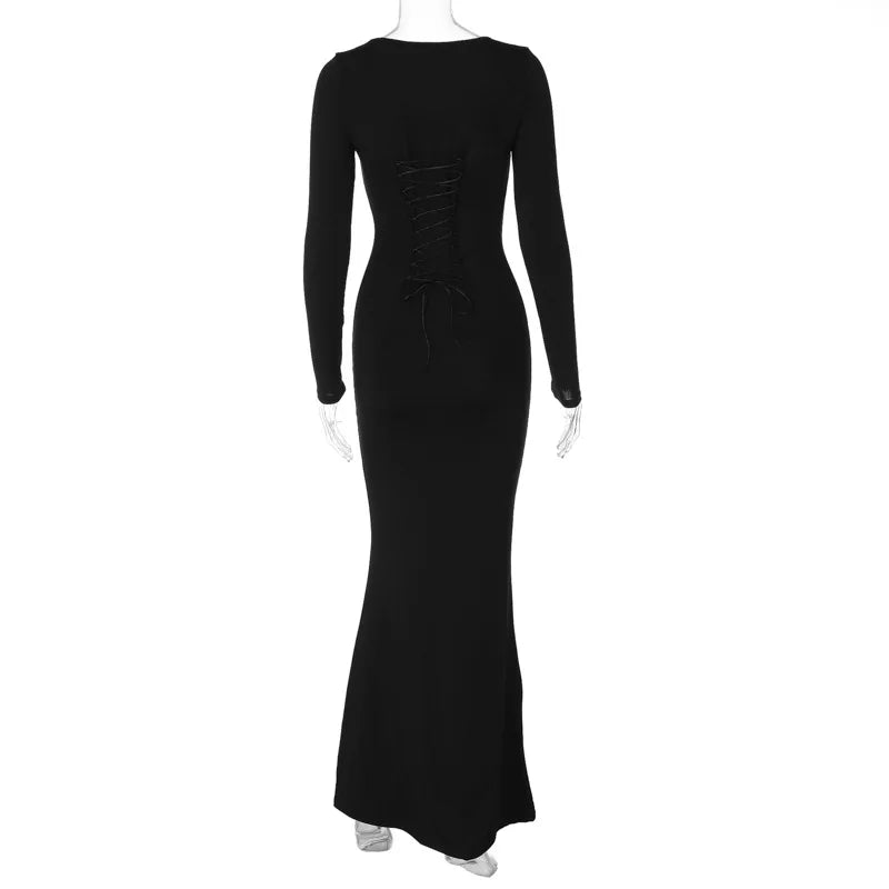 Lace Up Bandage Maxi Dress Black Long Sleeve Bodycon