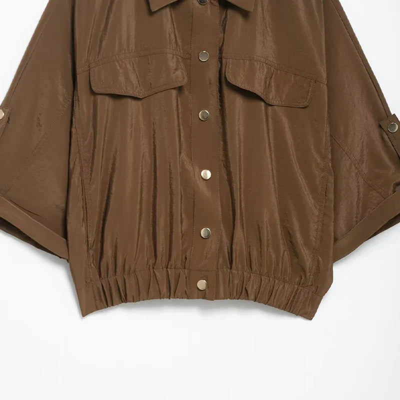 Chic Women's Brown Two Piece Set with Single Breasted Shirt and Vintage Elastic Waist Trousers