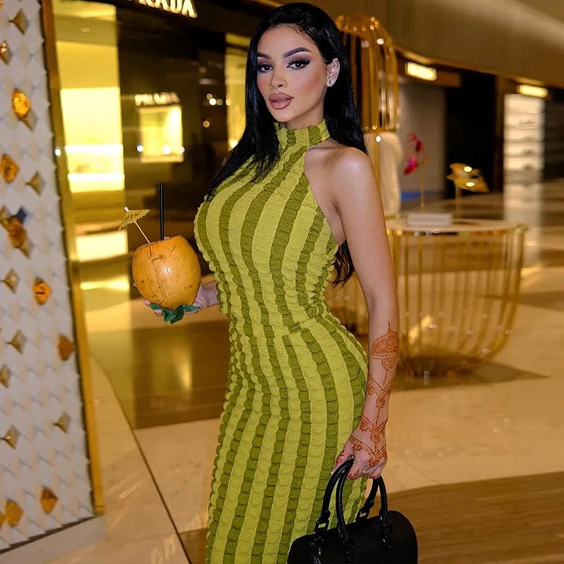 Y2K Patchwork Halter Backless Bodycon Maxi Dress For Women